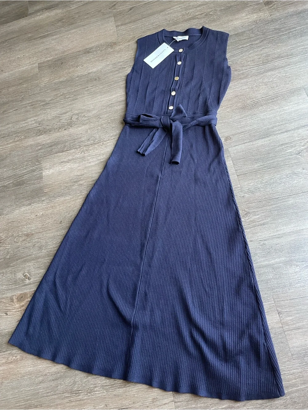 Lucky Brand Ribbed Knit Midi Dress XS Navy Gold Button Nautical Tie Belt NWT